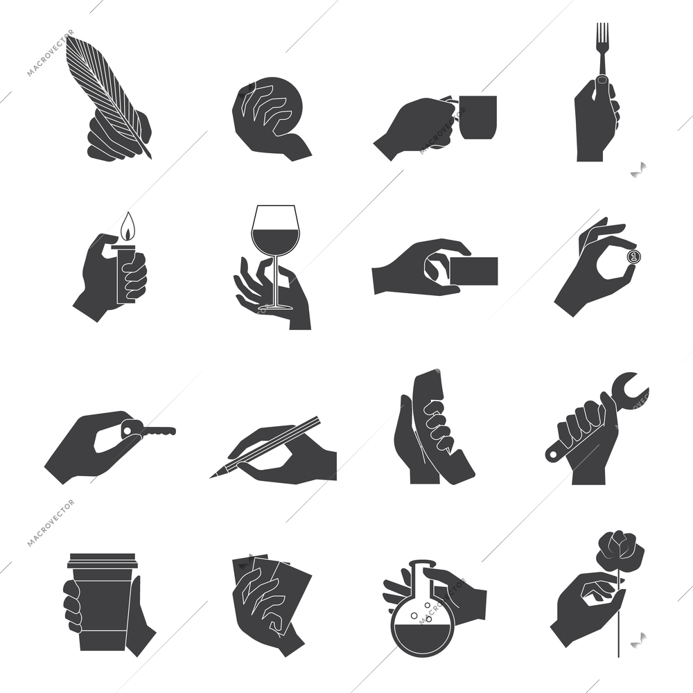 Human hands holding objects working tools black icons set isolated vector illustration