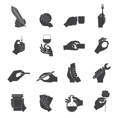 Human hands holding objects working tools black icons set isolated vector illustration