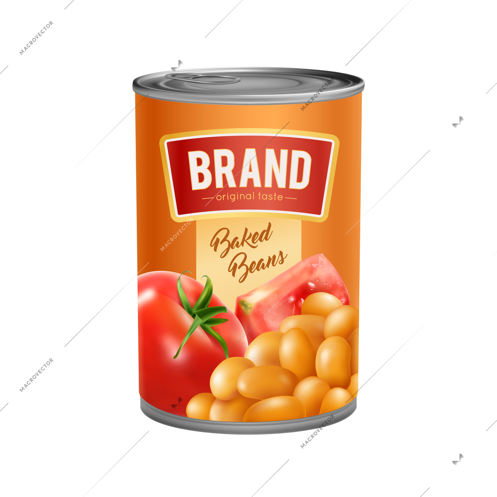 Realistic tin can of baked beans in tomato sauce with brand on white background vector illustration
