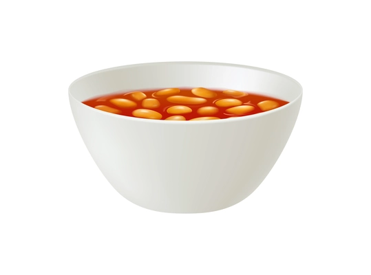 White bowl of baked beans in tomato sauce realistic vector illustration