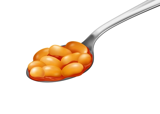 Realistic metal spoon of tinned baked beans in tomato sauce vector illustration