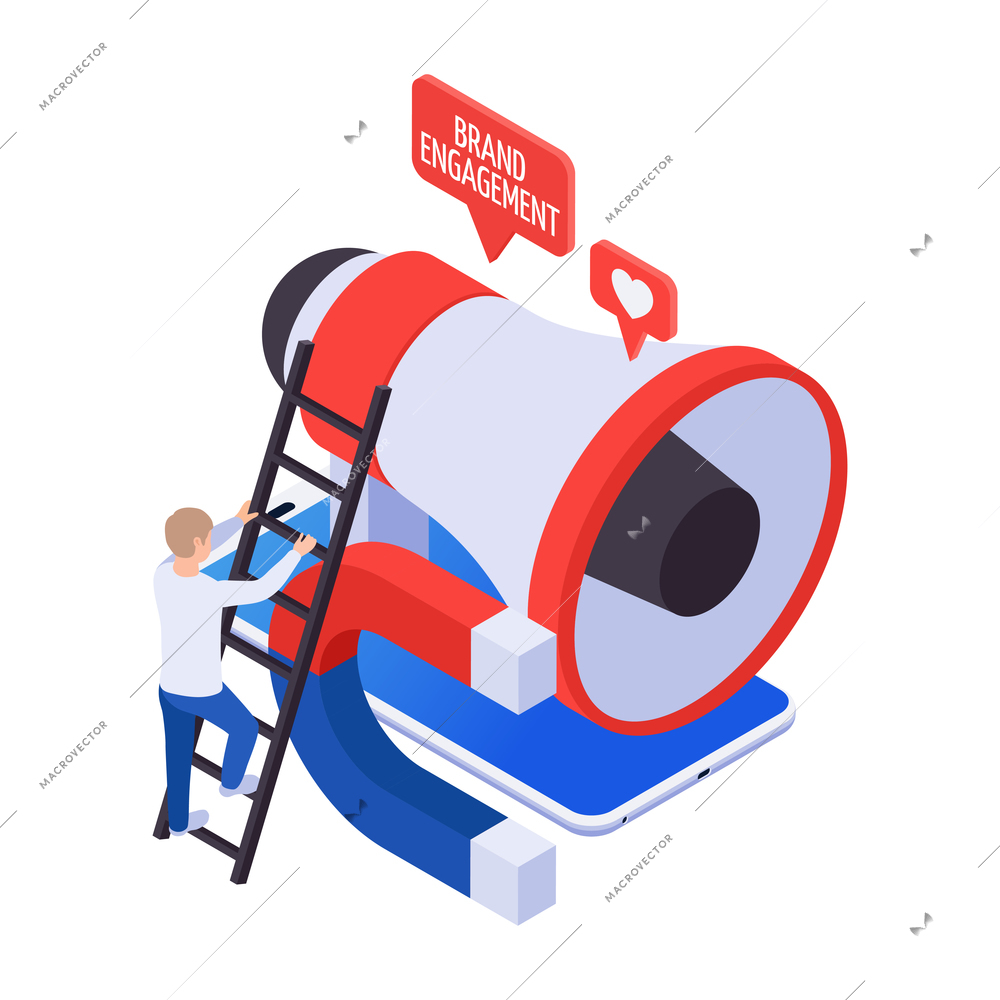 Promoting brand engagement attracting followers icon with 3d colorful megaphone and magnet isometric vector illustration