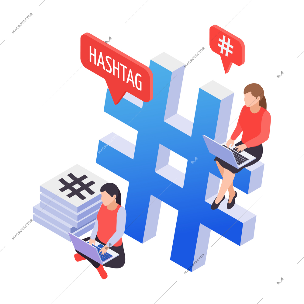 Social media hashtag isometric icon with two characters and laptops vector illustration