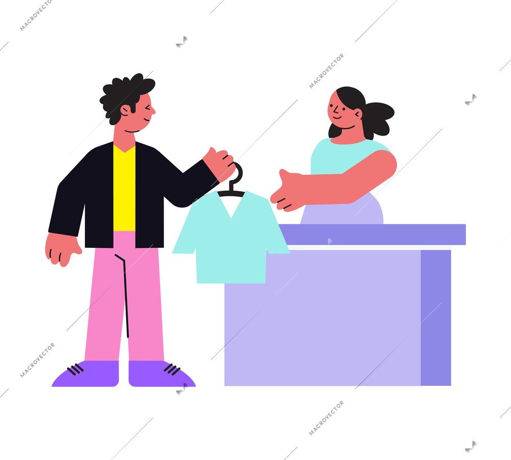 Flat icon with characters at clothes shop or laundry vector illustration