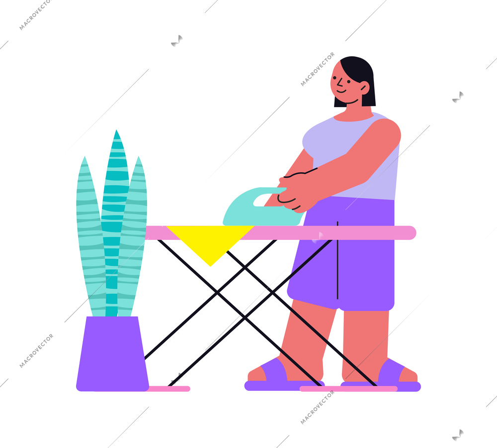 Flat woman character ironing cloth vector illustration