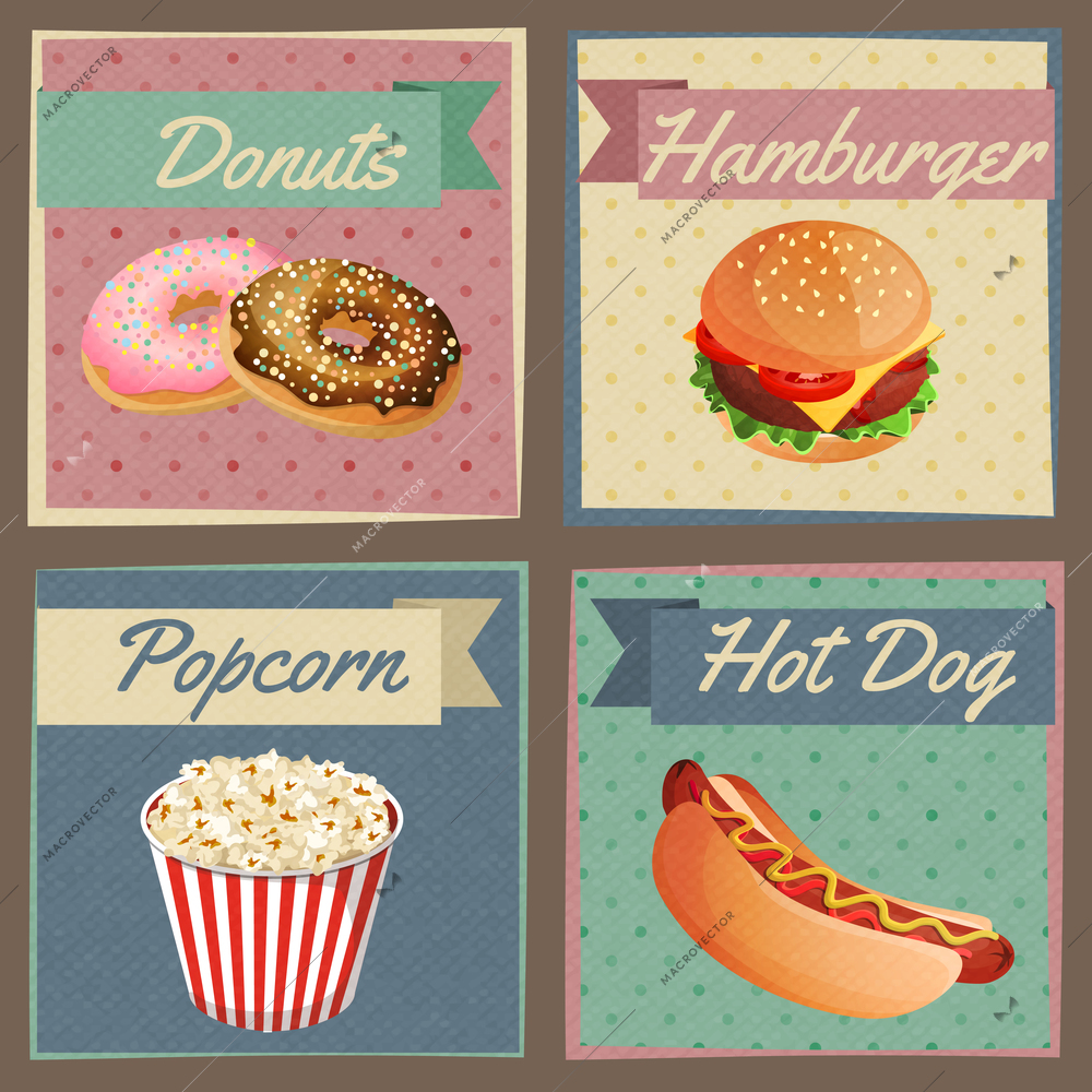 Fast junk food cards set of donuts hamburger popcorn hot dog isolated vector illustration