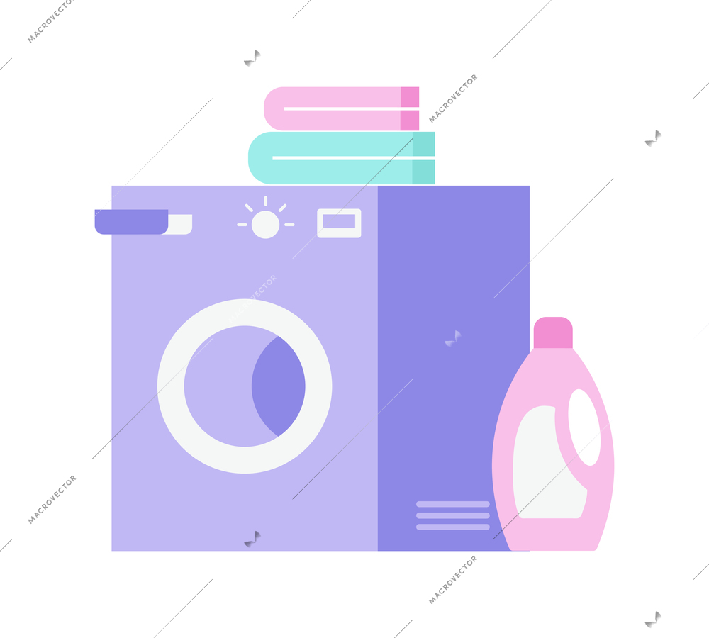 Flat icon with washing machine bottle of detergent and linen vector illustration