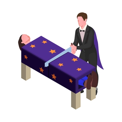 Isometric circus magician sawing woman 3d vector illustration
