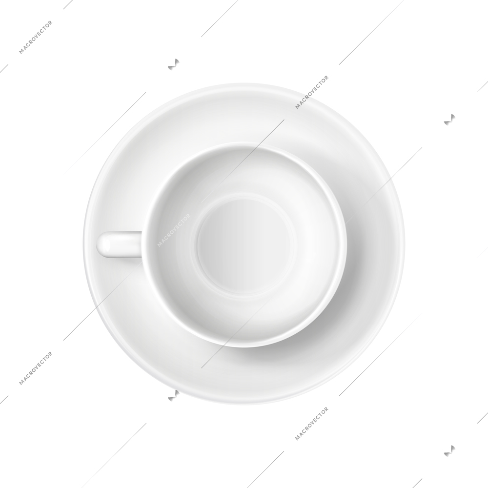 Top view of empty white cup on saucer realistic vector illustration