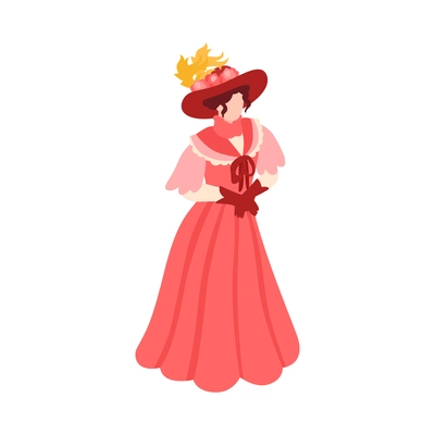 Isometric victorian fashion icon with woman character wearing dress gloves and hat vector illustration