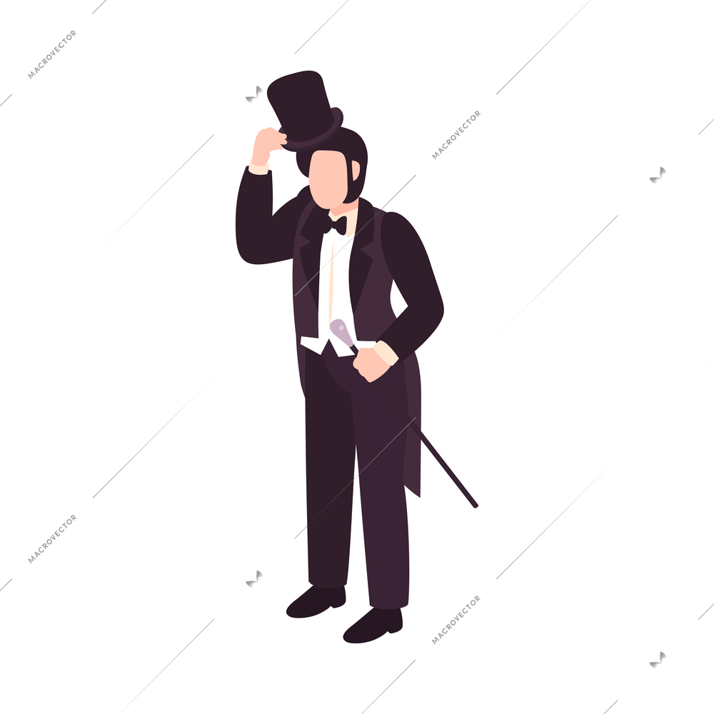 Victorian era male fashion with elegant man holding cane isometric vector illustration