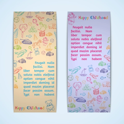 Vintage colored sketch outline kids toys vertical banners set isolated vector illustration