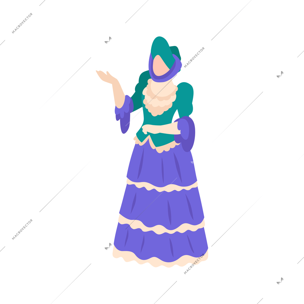 Victorian era fashion icon with woman wearing elegant dress isometric vector illustration