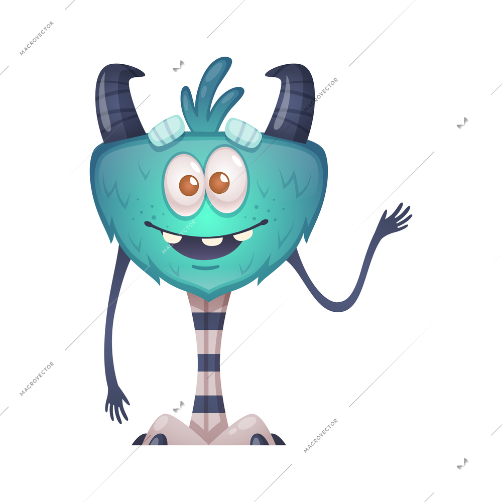 Funny cartoon monster wing long striped legs smiling and waving hand vector illustration