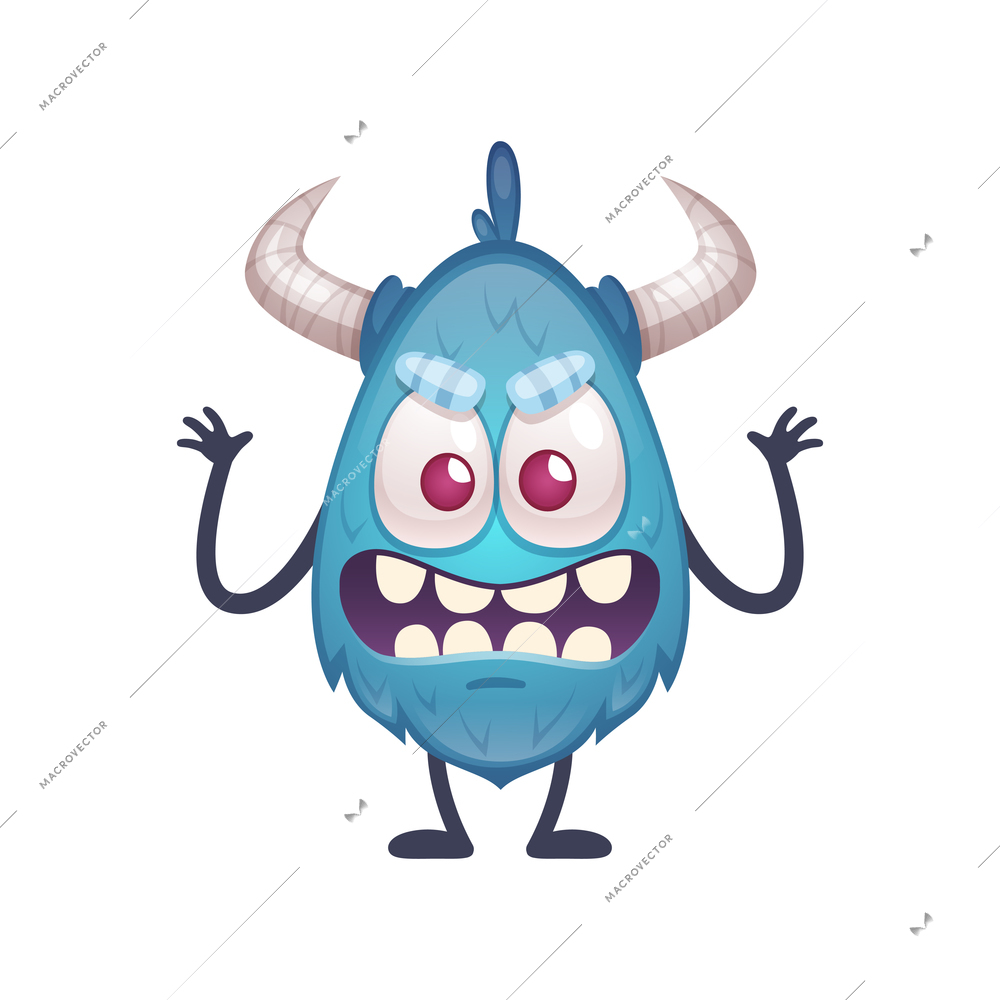 Scary little blue monster on white background cartoon vector illustration