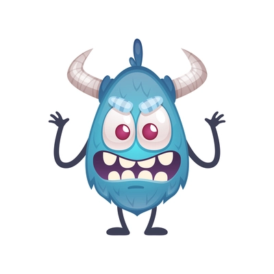 Scary little blue monster on white background cartoon vector illustration