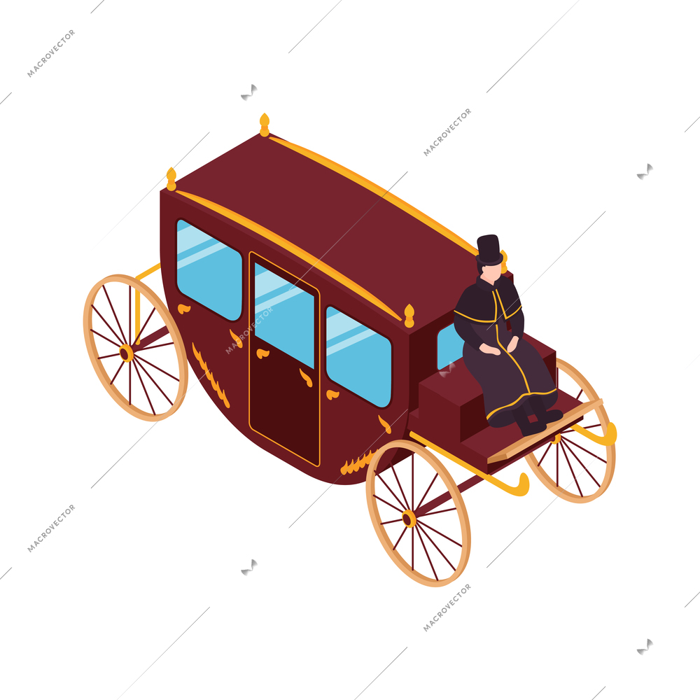 Victorian era isometric icon with carriage and coachman 3d vector illustration