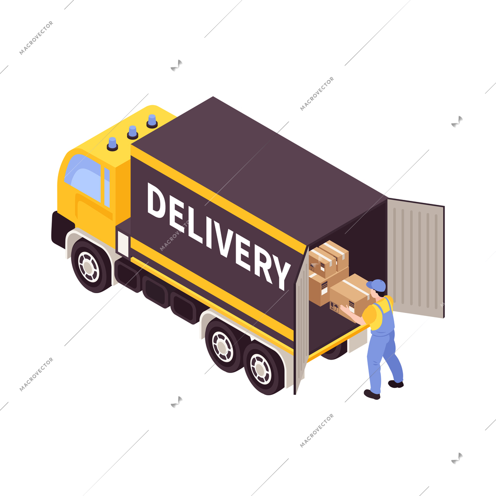 Isometric icon with worker loading carboard boxes into delivery truck 3d vector illustration