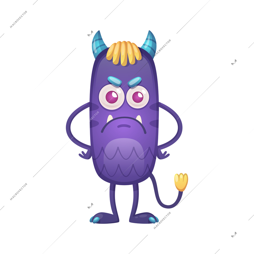 Cute angry purple devil with little horns and tail cartoon vector illustration