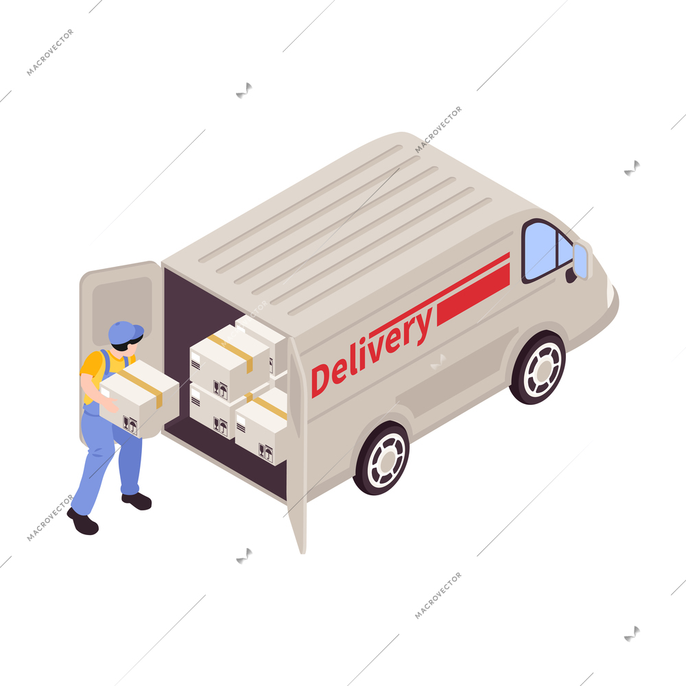 Courier loading boxes into delivery van isometric 3d icon vector illustration