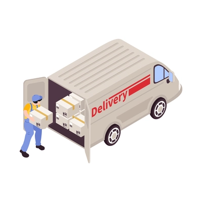 Courier loading boxes into delivery van isometric 3d icon vector illustration