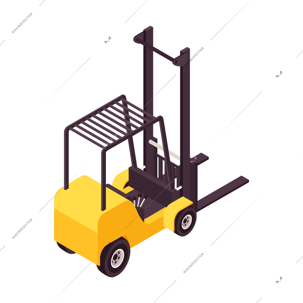 Back view of empty black and yellow forklift truck isometric 3d vector illustration