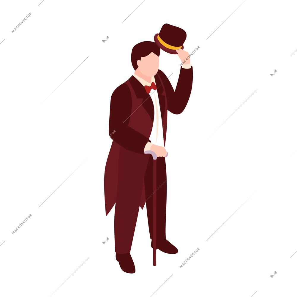 Victorian era english fashion icon with isometric male character with hat and cane 3d vector illustration