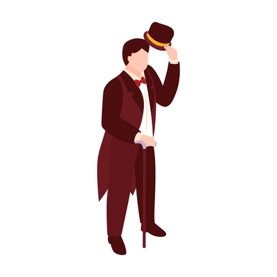 Victorian era english fashion icon with isometric male character with hat and cane 3d vector illustration