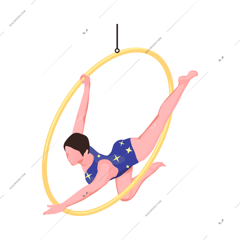Isometric icon with female circus acrobat performing on ring 3d vector illustration