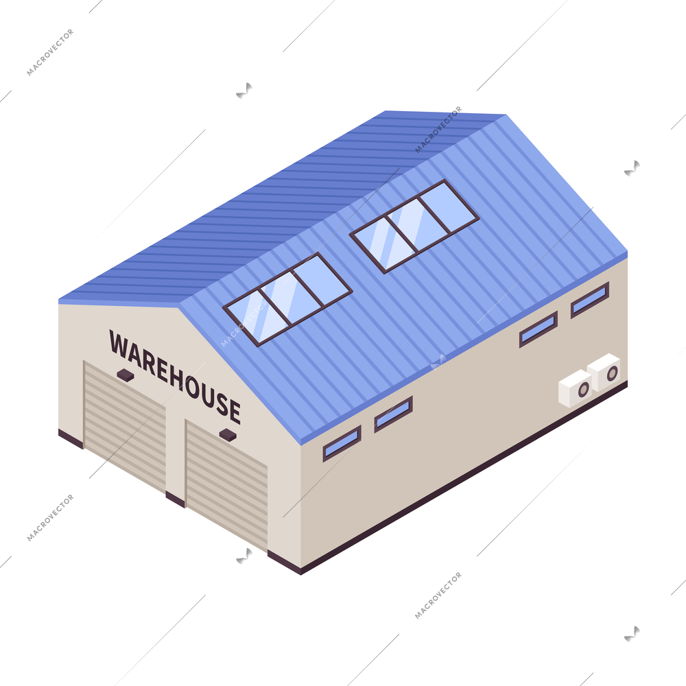 Isometric warehouse hangar building with blue roof on white background vector illustration