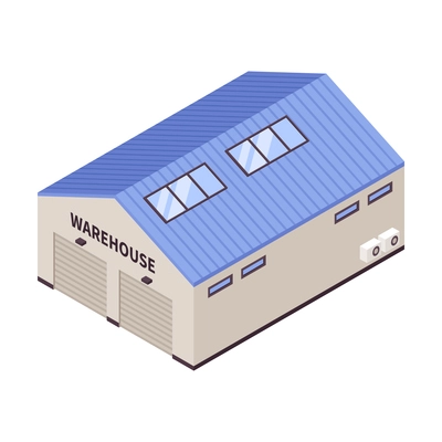 Isometric warehouse hangar building with blue roof on white background vector illustration