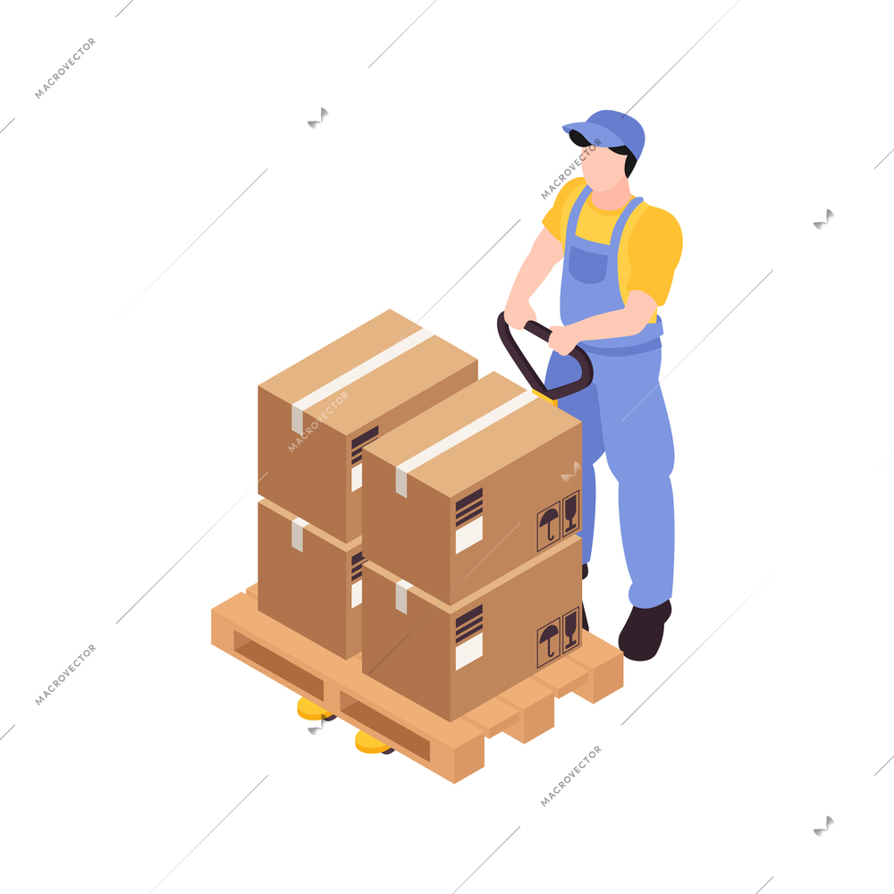 Isometric warehouse icon with worker in uniform carrying boxes on hand pallet truck 3d vector illustration