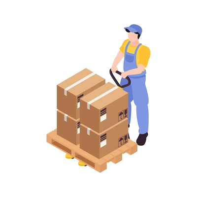 Isometric warehouse icon with worker in uniform carrying boxes on hand pallet truck 3d vector illustration