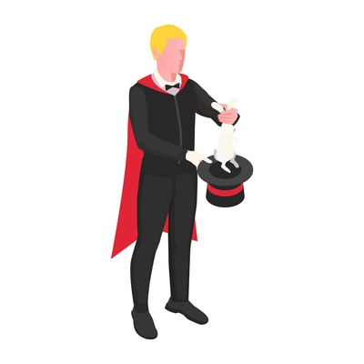 Circus magician in black costume performing trick with white rabbit and hat isometric icon vector illustration