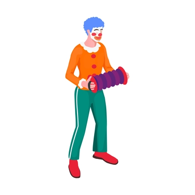 Isometric 3d icon with circus clown in colorful costume playing harmonica vector illustration