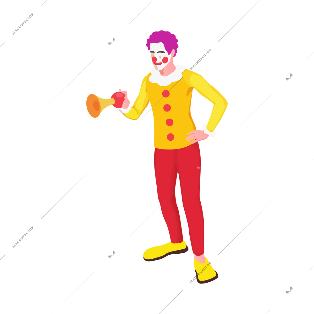 Male clown with colored face honking horn isometric icon vector illustration