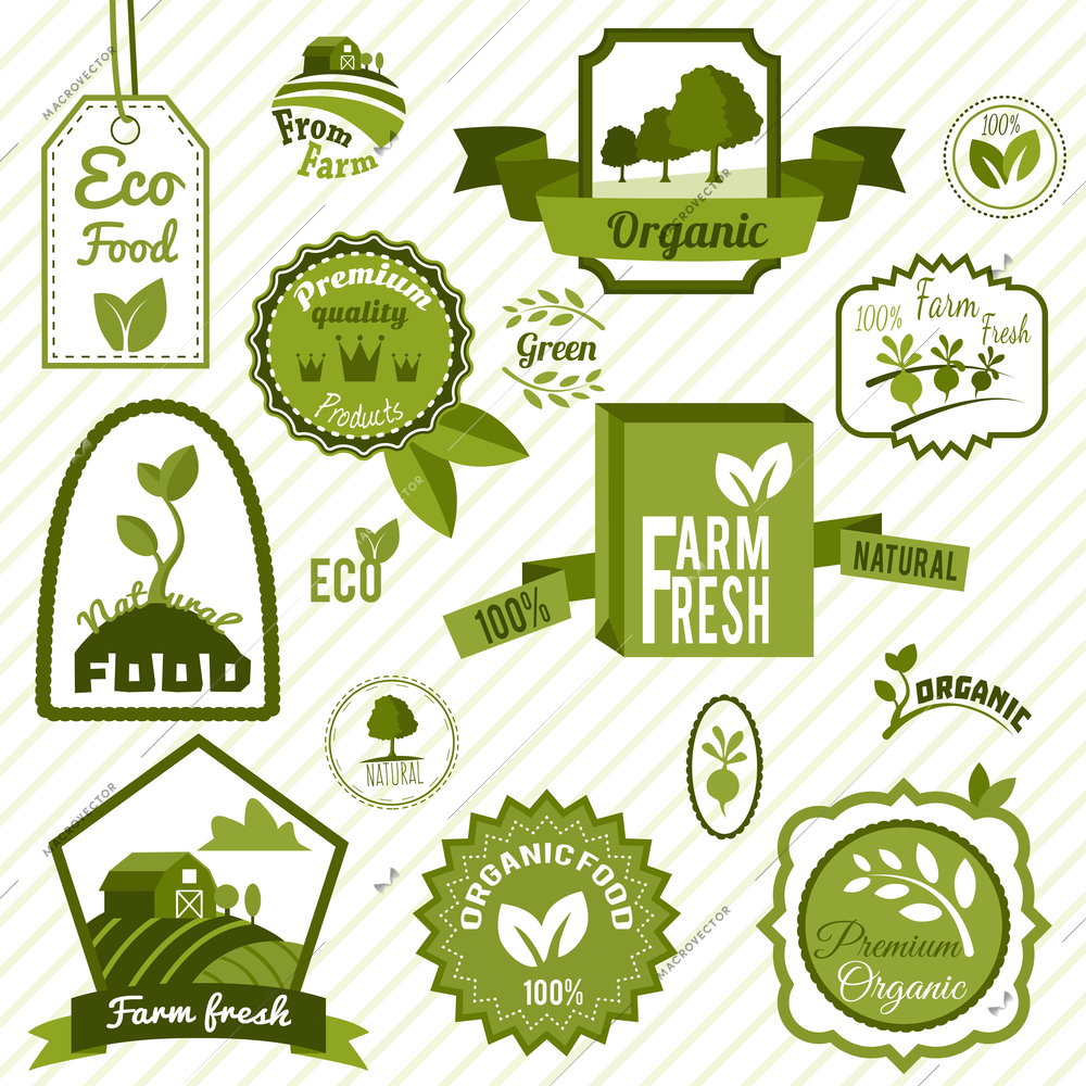 Farm fresh natural products organic eco food green labels set isolated vector illustration