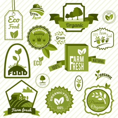 Farm fresh natural products organic eco food green labels set isolated vector illustration