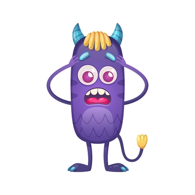 Scared cartoon monster with horns on white background vector illustration