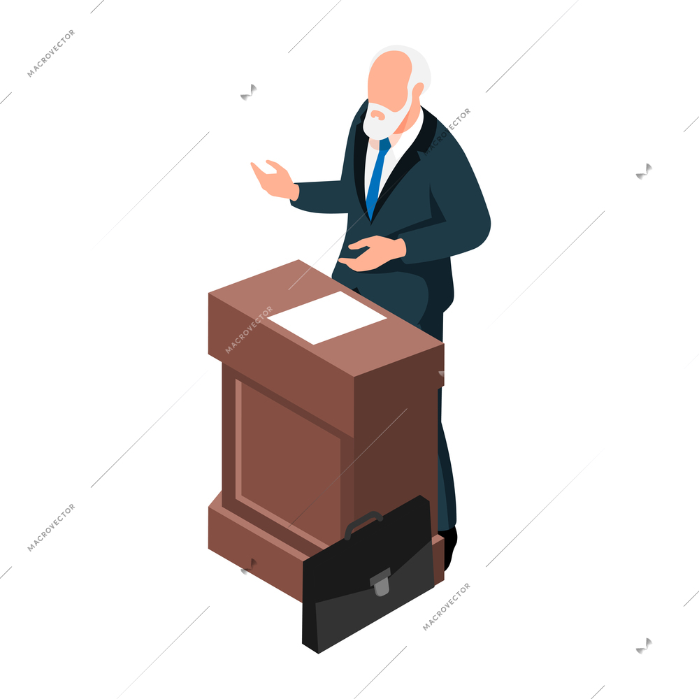 Isometric elderly lecturer at wooden stand 3d vector illustration