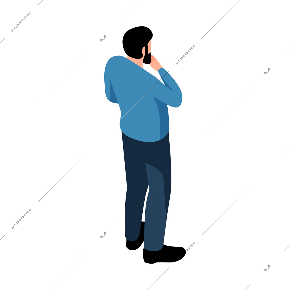 Isometric back view of bearded dark haired man on white background 3d vector illustration