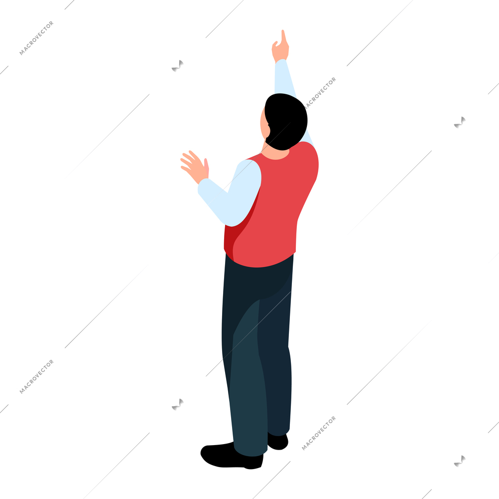 Isometric icon with man in red vest pointing up with his finger back view 3d vector illustration