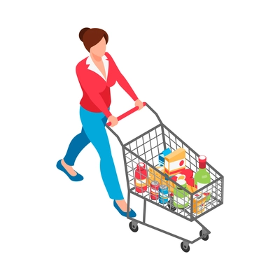 Woman doing shopping in supermarket with trolley isometric icon vector illustration