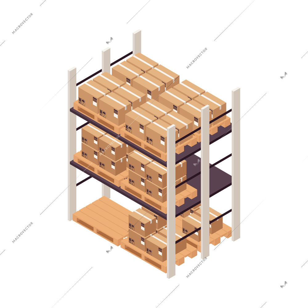 Isometric icon with cardboard boxes with fragile goods on metal warehouse rack 3d vector illustration