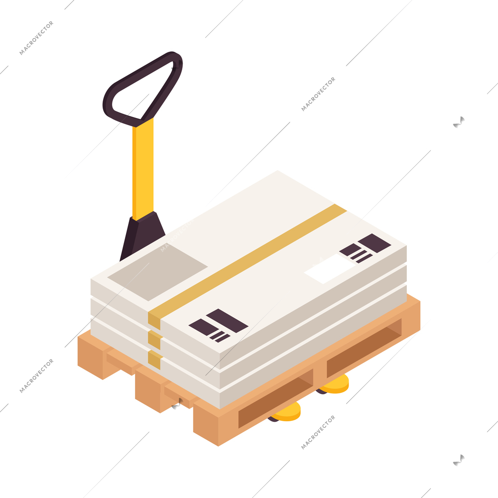 Isometric stack of packages on hand pallet truck on white background 3d vector illustration