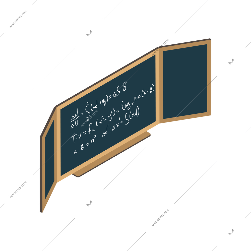 Isometric green chalkboard with scientific symbols in classroom 3d vector illustration
