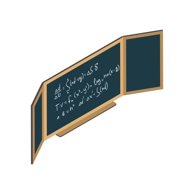 Isometric green chalkboard with scientific symbols in classroom 3d vector illustration