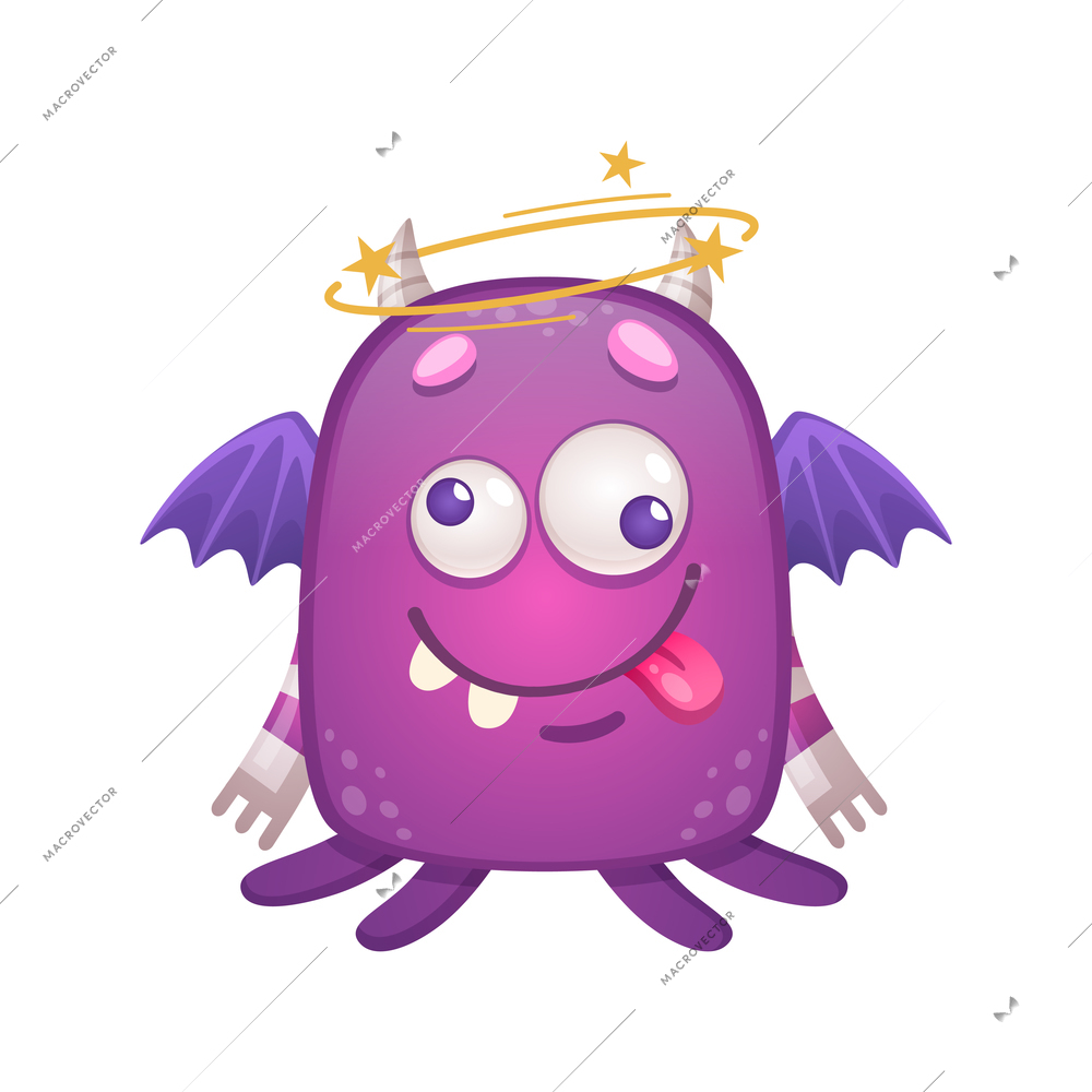 Dizzy purple monster with wings cartoon icon on white background vector illustration