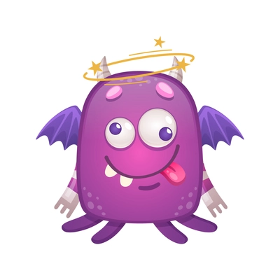 Dizzy purple monster with wings cartoon icon on white background vector illustration