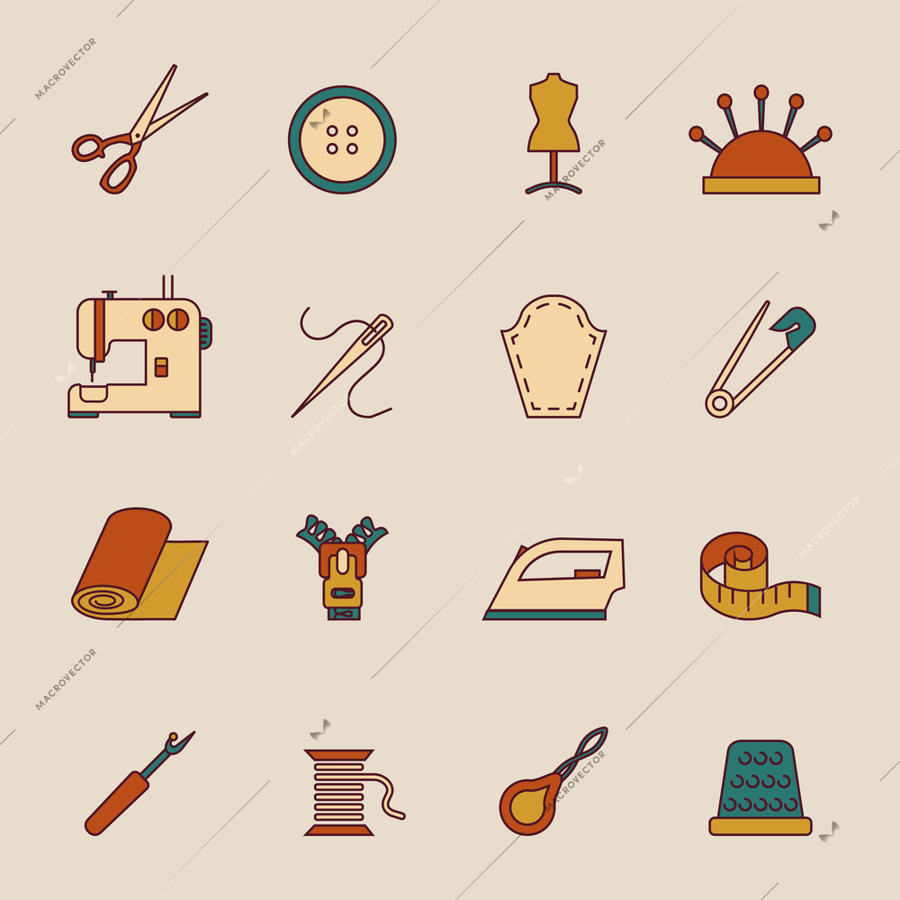 Sewing equipment icons set with button dress form machine isolated vector illustration